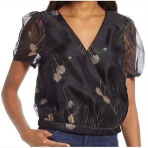 Madewell‎ Silk Organza Puff-Sleeve Wrap Top Aster Portrait Floral Sheer Size XS
